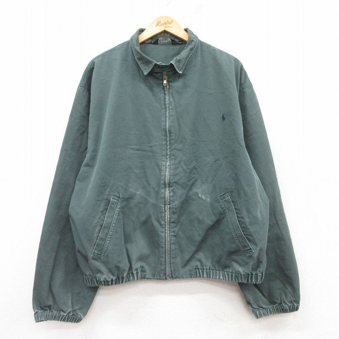 XL★古着 ラルフローレン Ralph Lauren 長袖 ブランド ジャケット スイングトップ メンズ 90年代 90s ワンポイントロゴ 大きいサイズ コットン USA製 緑系 グリーン 【spe】 25feb13 中古 アウター ジャンパー ブルゾン