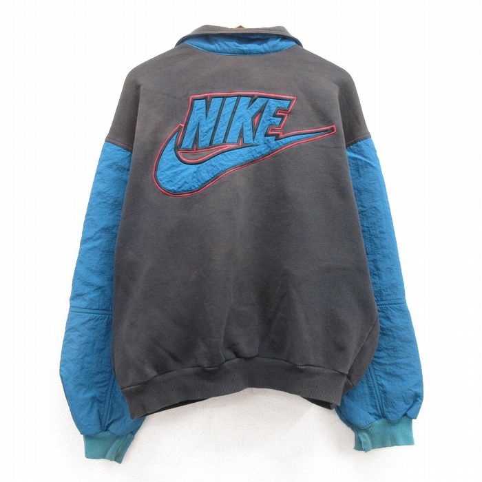 XL★古着 ナイキ NIKE 長袖 スウェット ジャケット メンズ 90年代 90s ビッグロゴ 刺繍 大きいサイズ 黒他 ブラック 【spe】 25feb14 中古 アウター ジャンパー ブルゾン