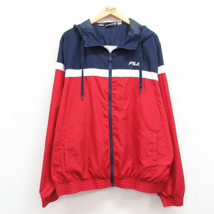 【50%OFF】XL★古着 フィラ FILA 長袖 ジャケット パーカー メンズ ワンポイントロゴ 赤他 レッド 内側メッシュ 25feb14 中古 アウター ジャンパー ブルゾン