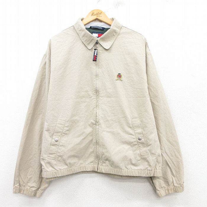 XL★古着 トミーヒルフィガー TOMMY HILFIGER 長袖 ブランド ジャケット スイングトップ メンズ 90年代 90s ワンポイントロゴ 大きいサイズ ベージュ カーキ 25feb17 中古 アウター ジャンパー ブルゾン