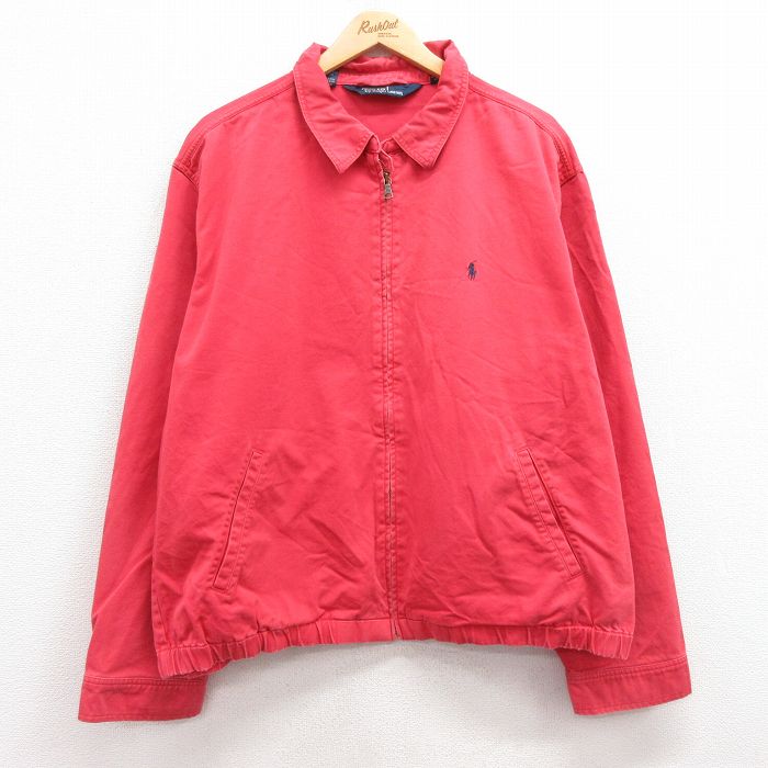 XL★古着 ラルフローレン Ralph Lauren 長袖 ブランド ジャケット スイングトップ メンズ 90年代 90s ワンポイントロゴ 大きいサイズ コットン 赤 レッド 25feb18 中古 アウター ジャンパー ブルゾン