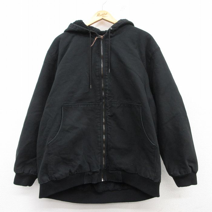 XL★古着 長袖 ジャケット パーカー メンズ ダック地 ロング丈 コットン 黒 ブラック 内側ボア 【spe】 25feb18 中古 アウター ジャンパー ブルゾン