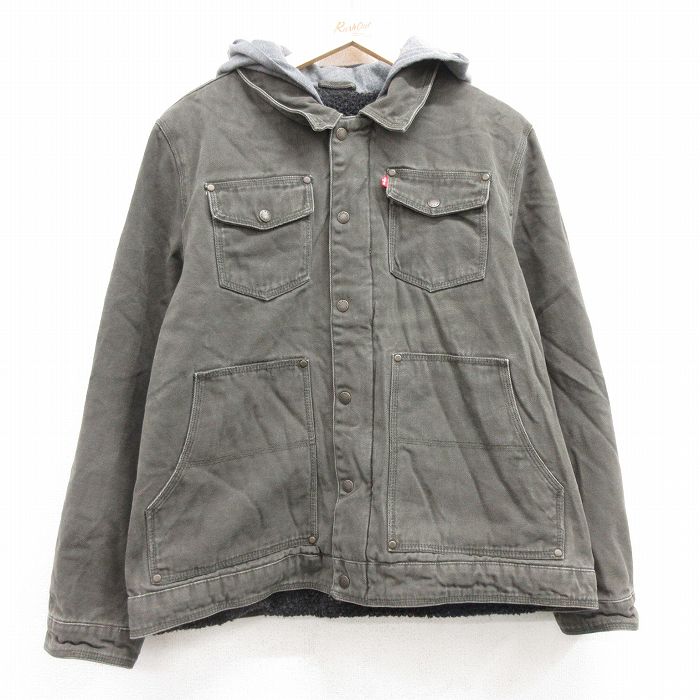 XL★古着 リーバイス Levis 長袖 ジャケット パーカー メンズ ダック地 大きいサイズ コットン 緑系 グリーン 内側ボア 25feb26 中古 アウター ジャンパー ブルゾン