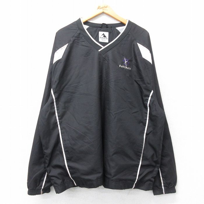 XL★古着 長袖 ジャケット メンズ ソフトボール ラグラン 大きいサイズ Vネック 黒 ブラック 内側メッシュ 25mar26 中古 アウター ジャンパー ブルゾン