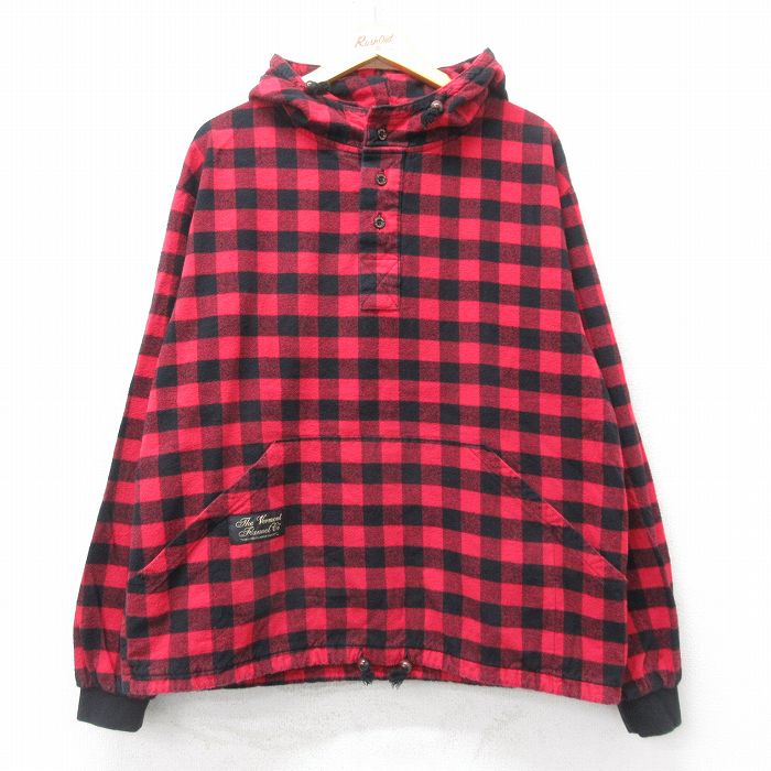 XL★古着 長袖 ジャケット パーカー メンズ 手織り コットン ヘンリーネック USA製 赤他 レッド チェック 25mar26 中古 アウター ジャンパー ブルゾン