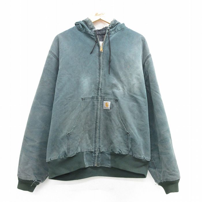 XL★古着 カーハート Carhartt 長袖 アクティブ ジャケット パーカー メンズ 90年代 90s ダック地 ボロ 大きいサイズ コットン 濃緑 グリーン 内側キルティング 【spe】 25mar27 中古 アウター ジャンパー ブルゾン