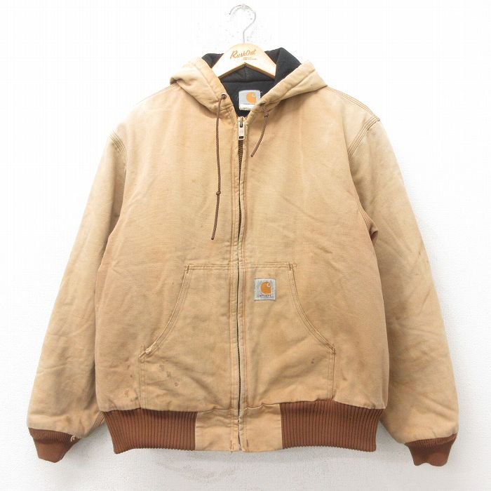 XL★古着 カーハート Carhartt アクティブ 長袖 ジャケット パーカー メンズ 90年代 90s ダック地 コットン USA製 茶 ブラウン 内側キルティング 25jul23 中古 アウター ジャンパー ブルゾン