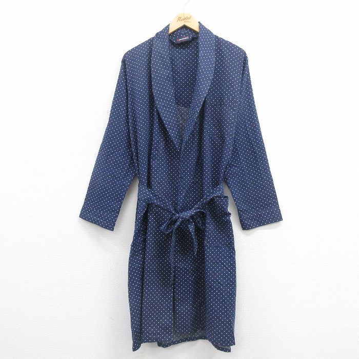 【50%OFF】L★古着 マンハッタン 長袖 ガウン メンズ 80年代 80s ロング丈 USA製 紺 ネイビー ドット 【spe】 25aug30 中古 アウター