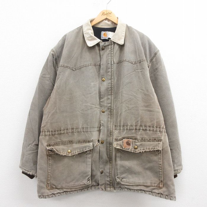 XL★古着 カーハート Carhartt 長袖 ジャケット コート メンズ 90年代 90s ダック地 大きいサイズ ロング丈 USA製 グレー系 内側キルティング 【spe】 25sep02 中古 アウター ジャンパー ブルゾン