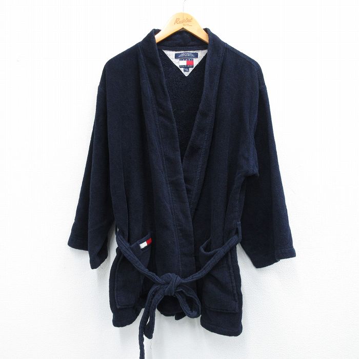 L★古着 トミーヒルフィガー TOMMY HILFIGER 長袖 ブランド ガウン メンズ 90年代 90s ワンポイントロゴ パイル地 ロング丈 コットン 紺 ネイビー 25sep25 中古 アウター