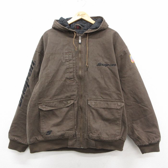 XL★古着 長袖 ジャケット パーカー メンズ snapon スナップオン ダック地 大きいサイズ コットン 茶 ブラウン 内側キルティング 【spe】 25sep26 中古 アウター ジャンパー ブルゾン