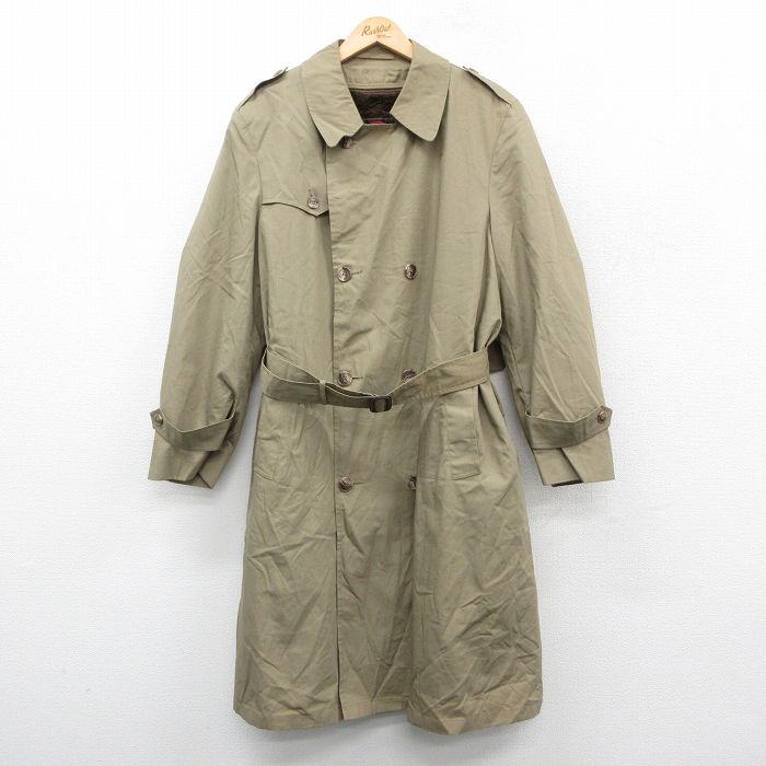 XL★古着 長袖 トレンチ コート メンズ 80年代 80s ロング丈 USA製 ベージュ カーキ 内側ファー 25sep26 中古 アウター