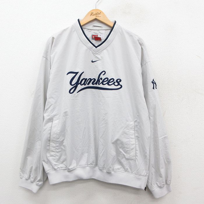XL★古着 ナイキ NIKE 長袖 ジャケット メンズ 00年代 00s MLB ニューヨークヤンキース 刺繍 大きいサイズ Vネック 薄グレー他 メジャーリーグ ベースボール 野球 【spe】 25sep30 中古 アウター ジャンパー ブルゾン