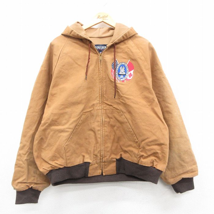 XL★古着 キングルイ 長袖 ジャケット パーカー メンズ 90年代 90s JOB CORPS ダック地 大きいサイズ コットン USA製 茶系 ブラウン 内側サーマル 【spe】 25oct10 中古 アウター ジャンパー ブルゾン