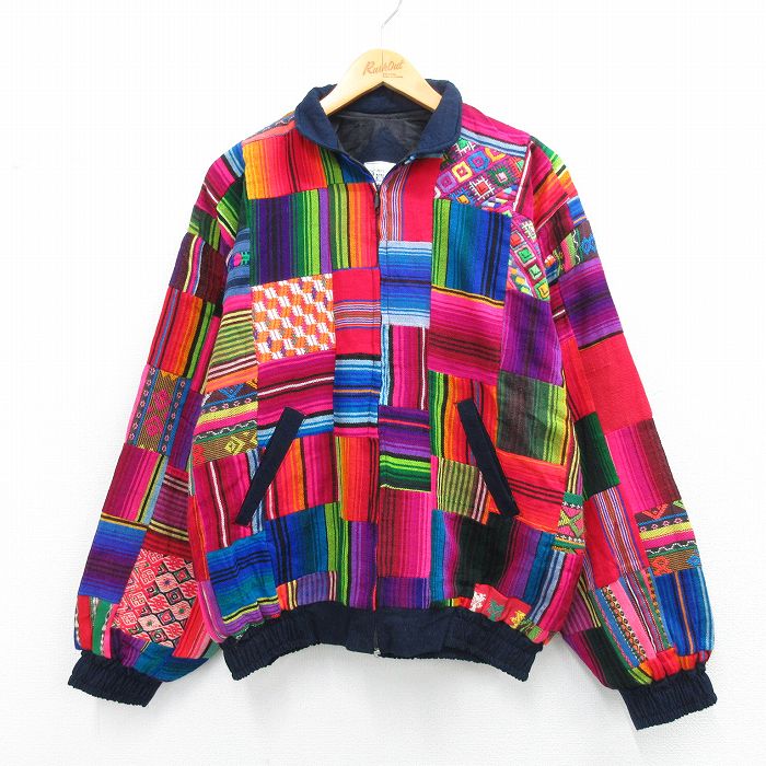 XL★古着 長袖 ジャケット メンズ パッチワーク 大きいサイズ コットン 赤他 レッド 25oct10 中古 アウター ジャンパー ブルゾン