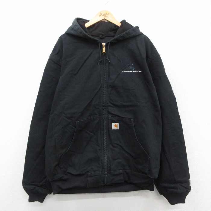 XL★古着 カーハート Carhartt 長袖 アクティブ ジャケット パーカー メンズ 125周年 ダック地 大きいサイズ コットン USA製 黒 ブラック 内側サーマル 【spe】 25oct11 中古 アウター ジャンパー ブルゾン