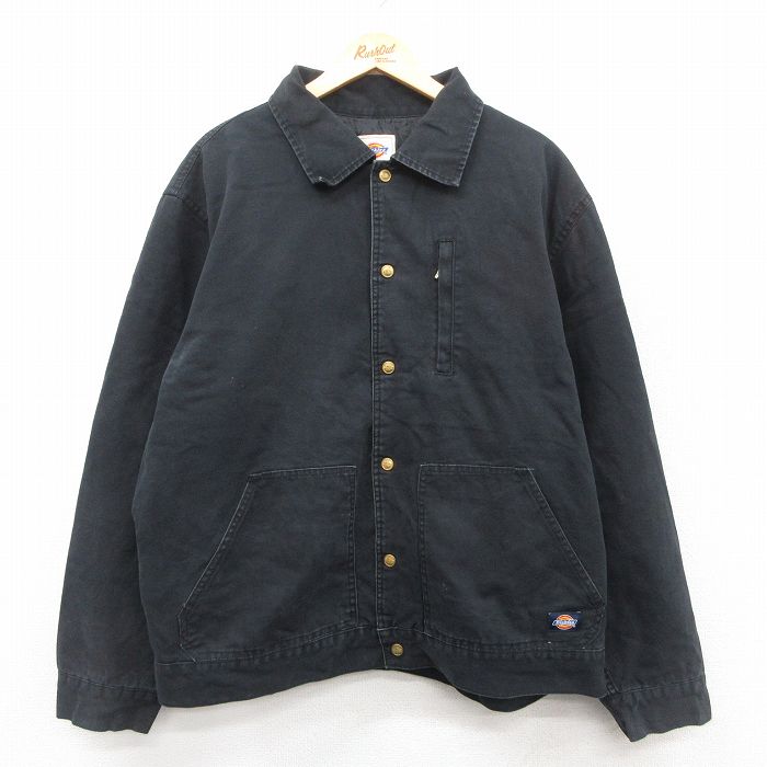 XL★古着 ディッキーズ Dickies 長袖 ジャケット メンズ ダック地 大きいサイズ コットン 黒 ブラック 内側キルティング 25oct15 中古 アウター ジャンパー ブルゾン