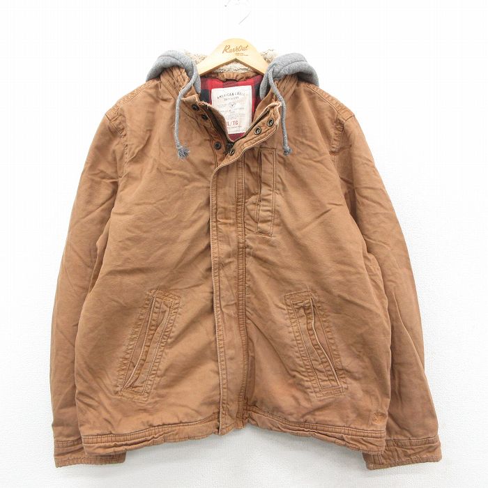 XL★古着 アメリカンイーグル American Eagle 長袖 ジャケット パーカー メンズ ダック地 大きいサイズ コットン 茶系 ブラウン 内側フランネル フード内側ボア 25oct16 中古 アウター ジャンパー ブルゾン
