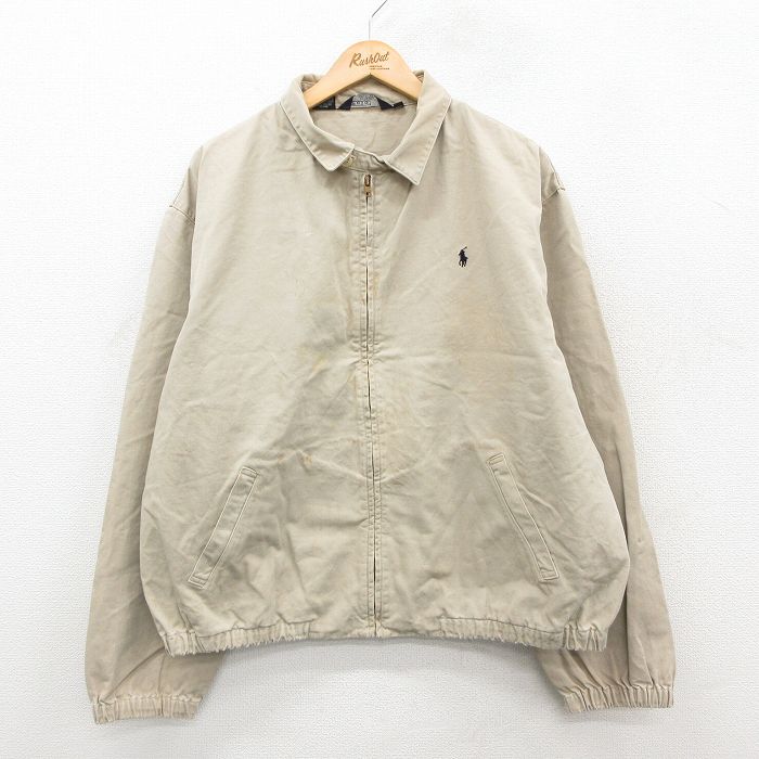 XL★古着 ラルフローレン Ralph Lauren 長袖 ブランド ジャケット スイングトップ メンズ 90年代 90s ワンポイントロゴ 大きいサイズ コットン USA製 ベージュ カーキ 25oct22 中古 アウター ジャンパー ブルゾン