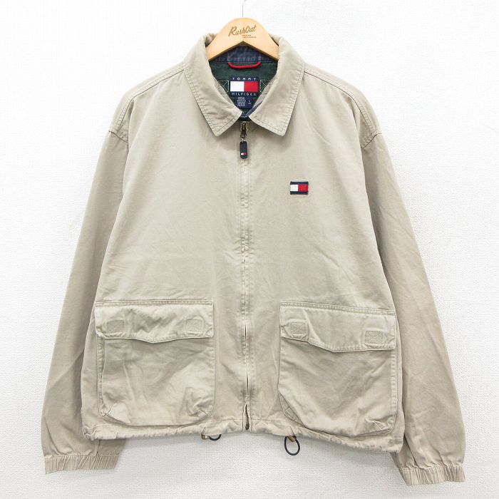 XL★古着 トミーヒルフィガー TOMMY HILFIGER 長袖 ブランド ジャケット スイングトップ メンズ 90年代 90s ワンポイントロゴ 大きいサイズ コットン ベージュ カーキ 25oct24 中古 アウター ジャンパー ブルゾン