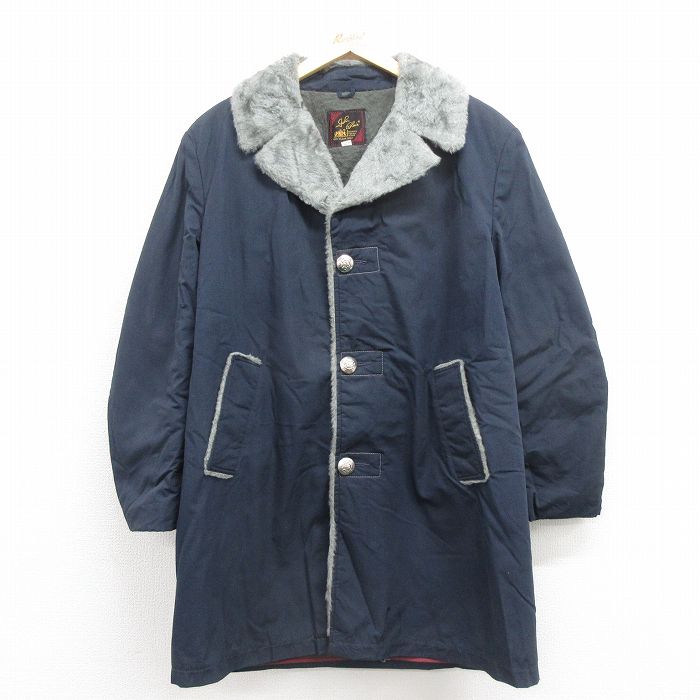 L★古着 長袖 ジャケット コート メンズ 80年代 80s ロング丈 紺 内側ボア 25nov11