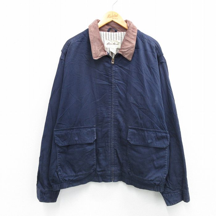 XL★古着 エディーバウアー 長袖 ジャケット スイングトップ メンズ 00年代 00s 襟レザー 大きいサイズ コットン 濃紺【spe】 25nov15