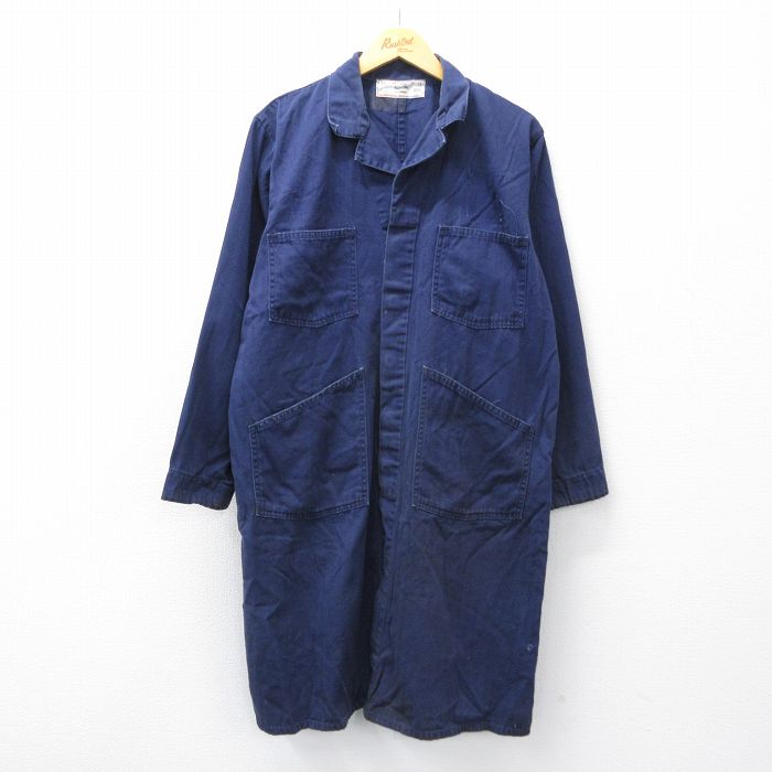 L★古着 長袖 ショップ コート メンズ 90年代 90s ヘリンボーン ロング丈 コットン USA製 濃紺 25nov19