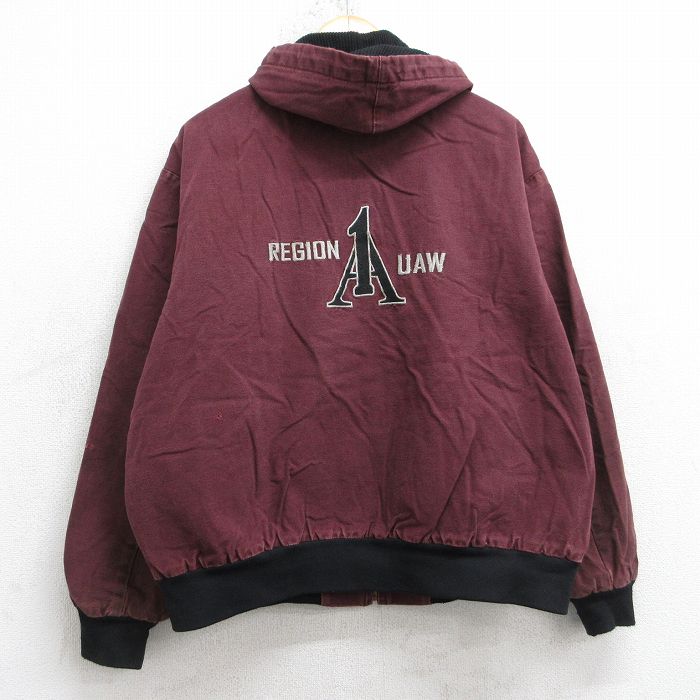 XL★古着 長袖 アクティブ ジャケット パーカー メンズ 90年代 90s REGION UAW ダック地 大きいサイズ USA製 エンジ 内側メッシュ 25nov20