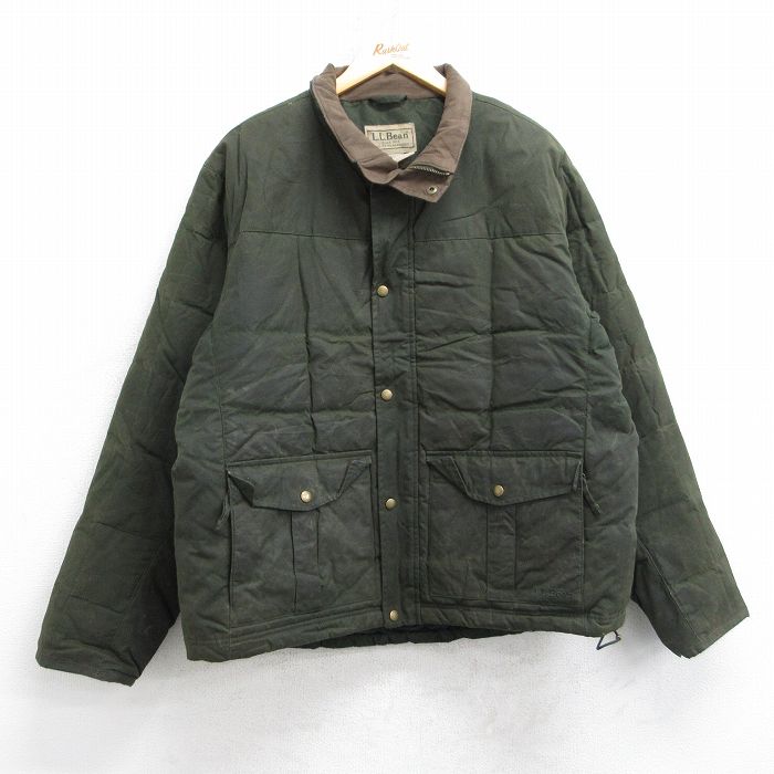 XL★古着 エルエルビーン 長袖 ダウン オイル ジャケット メンズ 00年代 00s ワンポイントロゴ 襟フリース 大きいサイズ コットン 濃緑 25nov20