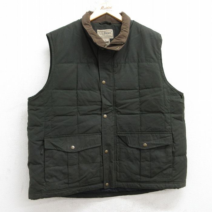 XL★古着 エルエルビーン ダウン オイル ベスト メンズ 00年代 00s ワンポイントロゴ 襟フリース 大きいサイズ コットン 濃緑【spe】 25nov20
