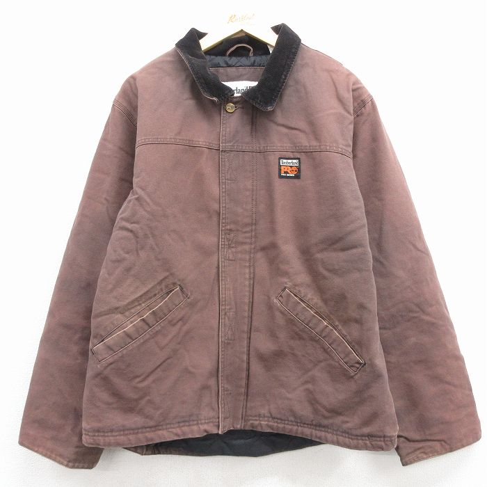 XL★古着 ティンバーランド 長袖 ジャケット メンズ ダック地 大きいサイズ 襟コーデュロイ コットン こげ茶 内側キルティング 25dec06