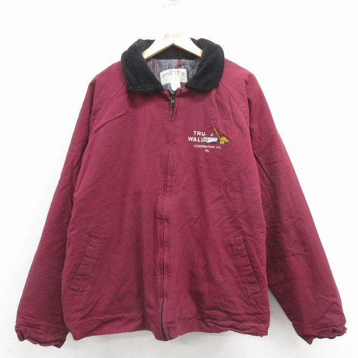XL★古着 長袖 ジャケット メンズ 90年代 90s クレーン車 ダック地 大きいサイズ 襟コーデュロイ コットン USA製 エンジ 内側ブランケット 25dec06