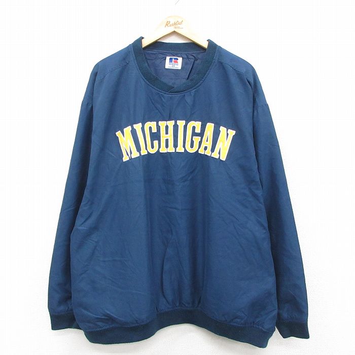 XL★古着 ラッセル 長袖 ジャケット メンズ 00年代 00s ミシガン 大きいサイズ クルーネック 紺 25dec09