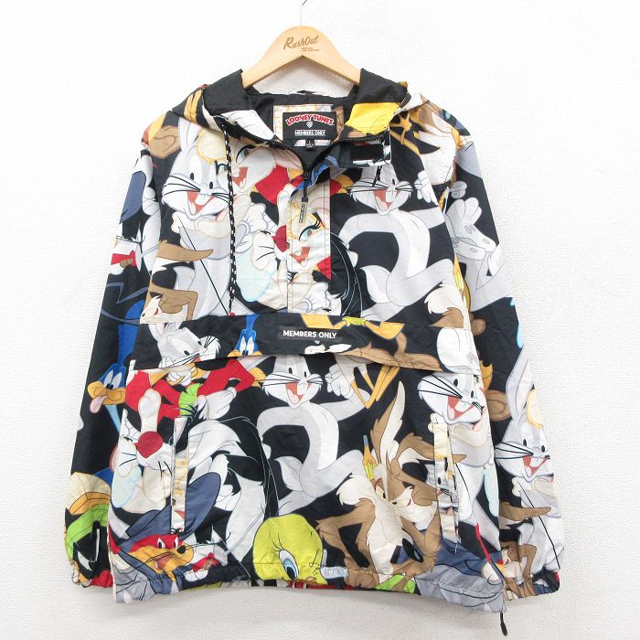 XL★古着 メンバーズオンリー 長袖 ハーフジップ ジャケット パーカー メンズ ルーニーテューンズ バッグスバニー 総柄 黒他【spe】 25dec10