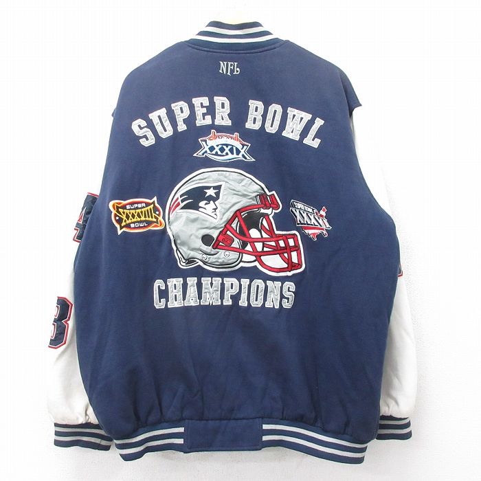 XL★古着 長袖 スウェット ジャケット メンズ 00年代 00s NFL ニューイングランドペイトリオッツ 刺繍 大きいサイズ 紺他 アメフト スーパーボウル 内側キルティング 25dec12