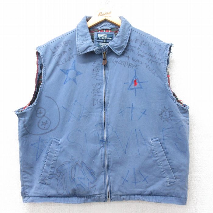 XL★古着 ラルフローレン 長袖 ブランド ジャケット スイングトップ メンズ 90年代 90s ワンポイントロゴ ハンドペイント コットン 薄紺【spe】 25dec12