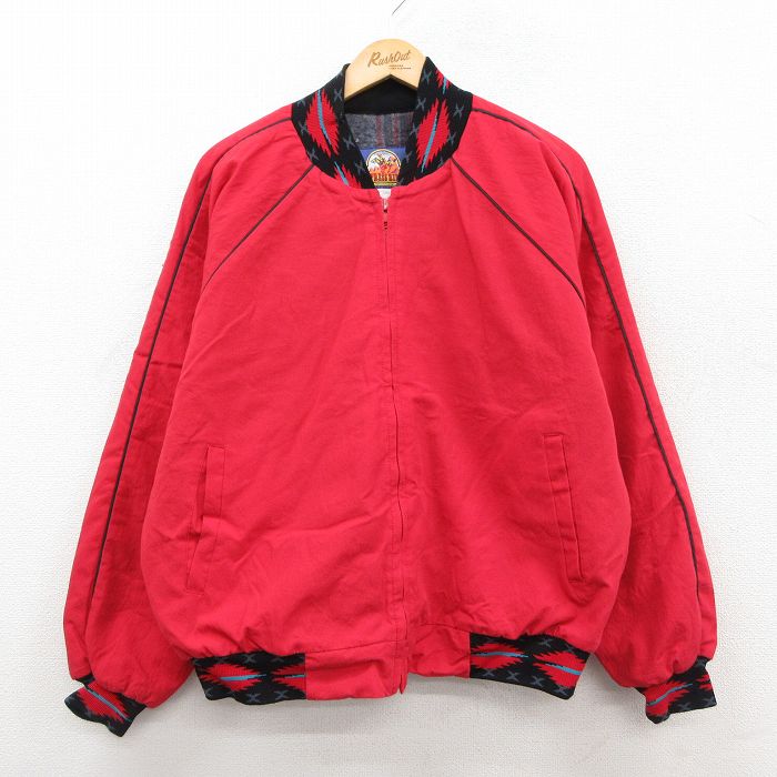 XL★古着 長袖 ジャケット メンズ 90年代 90s ラグラン ネイティブ柄 ラグ柄 大きいサイズ USA製 赤 内側ブランケット 25dec22