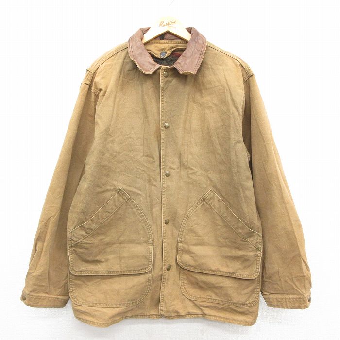 XL★古着 ウールリッチ 長袖 ジャケット メンズ 90年代 90s 襟レザー ダック地 ロング丈 ベージュ系 内側ウール【spe】 25dec22