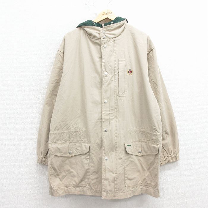 XL★古着 トミーヒルフィガー 長袖 ブランド ジャケット コート パーカー メンズ 90年代 90s ワンポイントロゴ 大きいサイズ ロング丈 コットン 薄ベージュ【spe】 25dec19