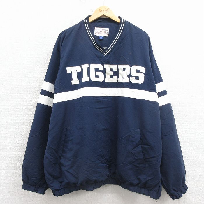 XL★古着 長袖 ジャケット メンズ 00年代 00s MLB デトロイトタイガース 刺繍 Vネック 紺 メジャーリーグ ベースボール 野球 25dec19
