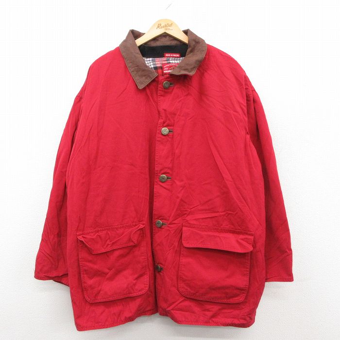 XL★古着 マルボロ 長袖 ジャケット メンズ 90年代 90s 襟レザー 大きいサイズ ロング丈 コットン 赤 25dec29