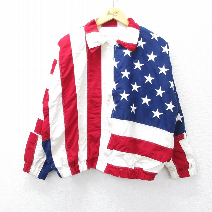 XL★古着 長袖 ジャケット メンズ 90年代 90s 星条旗 コットン USA製 白他 26jan15