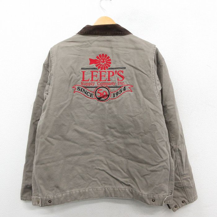 XL★古着 Dunbrooke 長袖 ジャケット メンズ LEEPS 刺繍 ダック地 襟コーデュロイ 大きいサイズ コットン 茶系 内側キルティング 26jan15