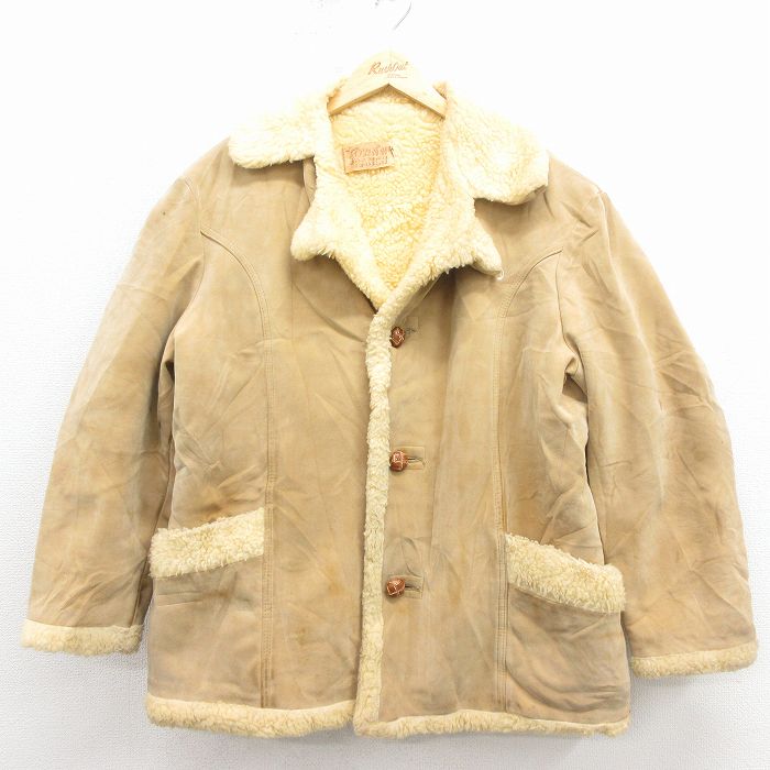 XL★古着 長袖 ジャケット メンズ 80年代 80s 大きいサイズ USA製 ベージュ 内側ボア 26jan17