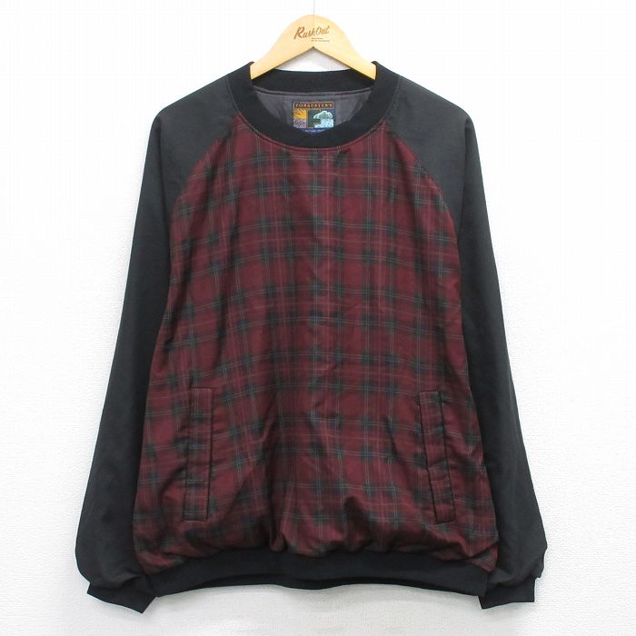 XL★古着 長袖 ジャケット メンズ ラグラン 大きいサイズ クルーネック エンジ他 チェック 26jan21