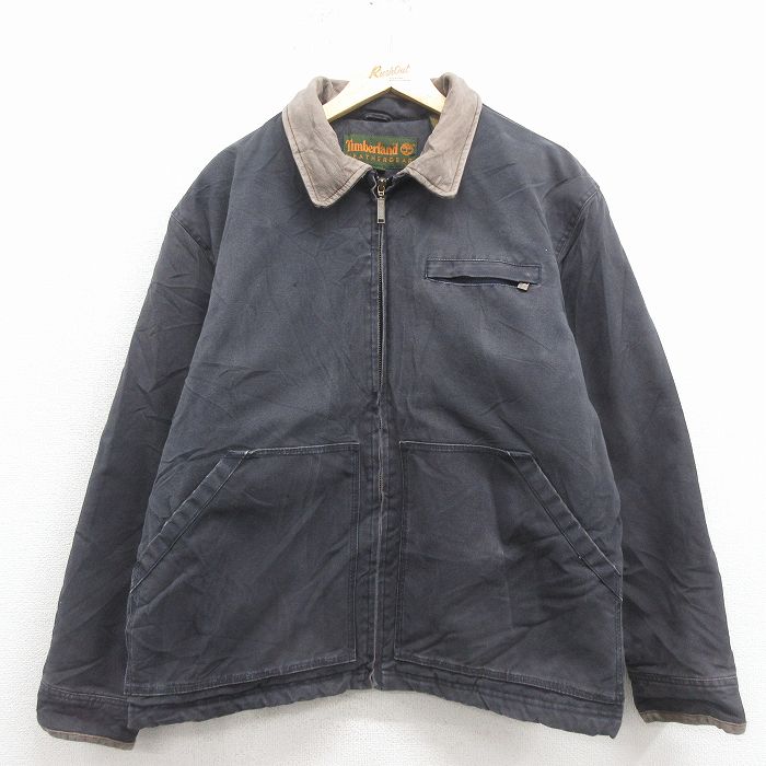 XL★古着 ティンバーランド 長袖 ジャケット メンズ 90年代 90s ダック地 大きいサイズ 襟レザー コットン グレー 内側ボア【spe】 26feb02