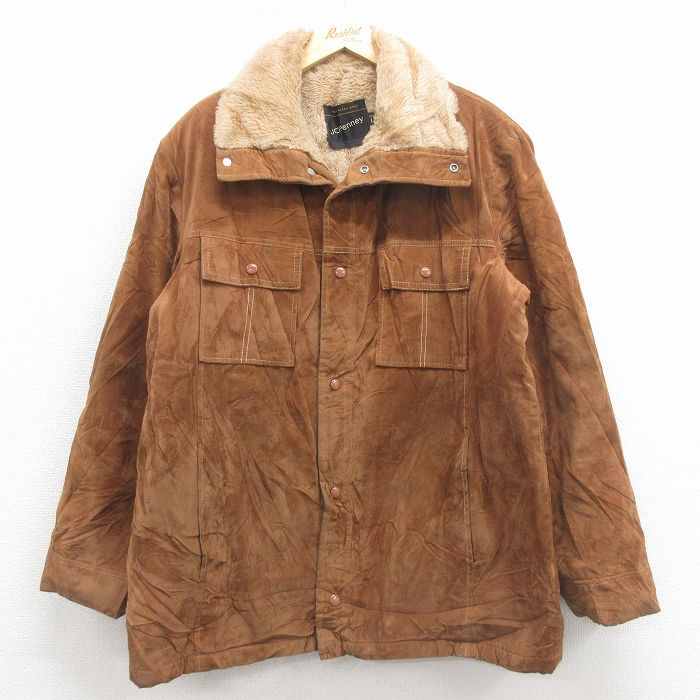 XL★古着 JCペニー 長袖 ジャケット コート メンズ 80年代 80s 大きいサイズ ロング丈 茶 内側ボア 26feb02
