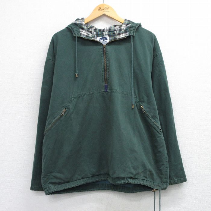 XL★古着 長袖 ハーフジップ ジャケット パーカー メンズ コットン 緑 26feb10