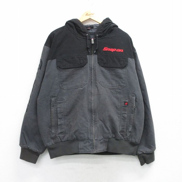 XL★古着 長袖 ジャケット パーカー メンズ スナップオン ダック地 コットン 濃グレー他 内側キルティング 26feb13