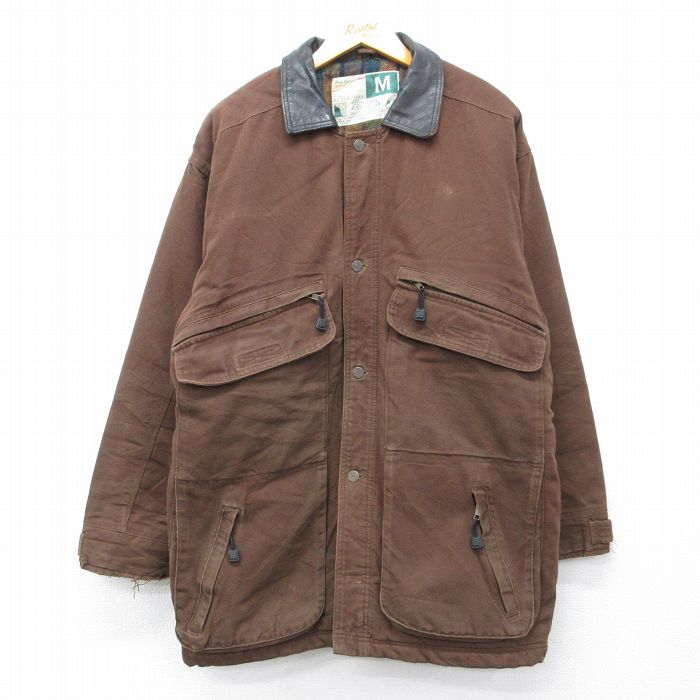 XL★古着 Wear Guard 長袖 ジャケット メンズ 00年代 00s 襟レザー ダック地 シンサレート 大きいサイズ ロング丈 コットン 茶他 内側フランネル【spe】 26feb20